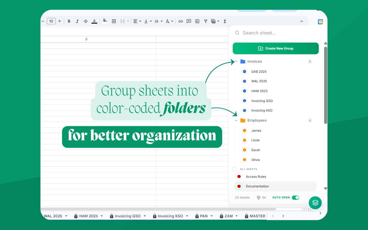 Tab groups organized into color-coded folders in Sheets Organizer