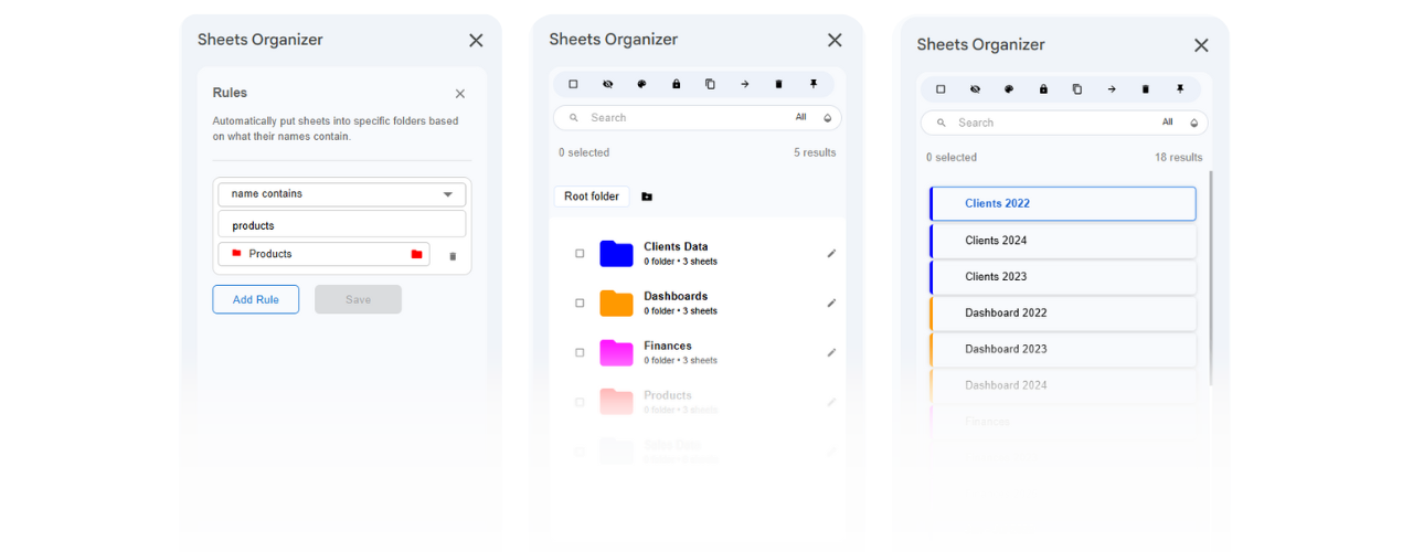 Sheets Organizer Google Sheets add-on interface showing organized tabs, folders, and search functionality for improved productivity